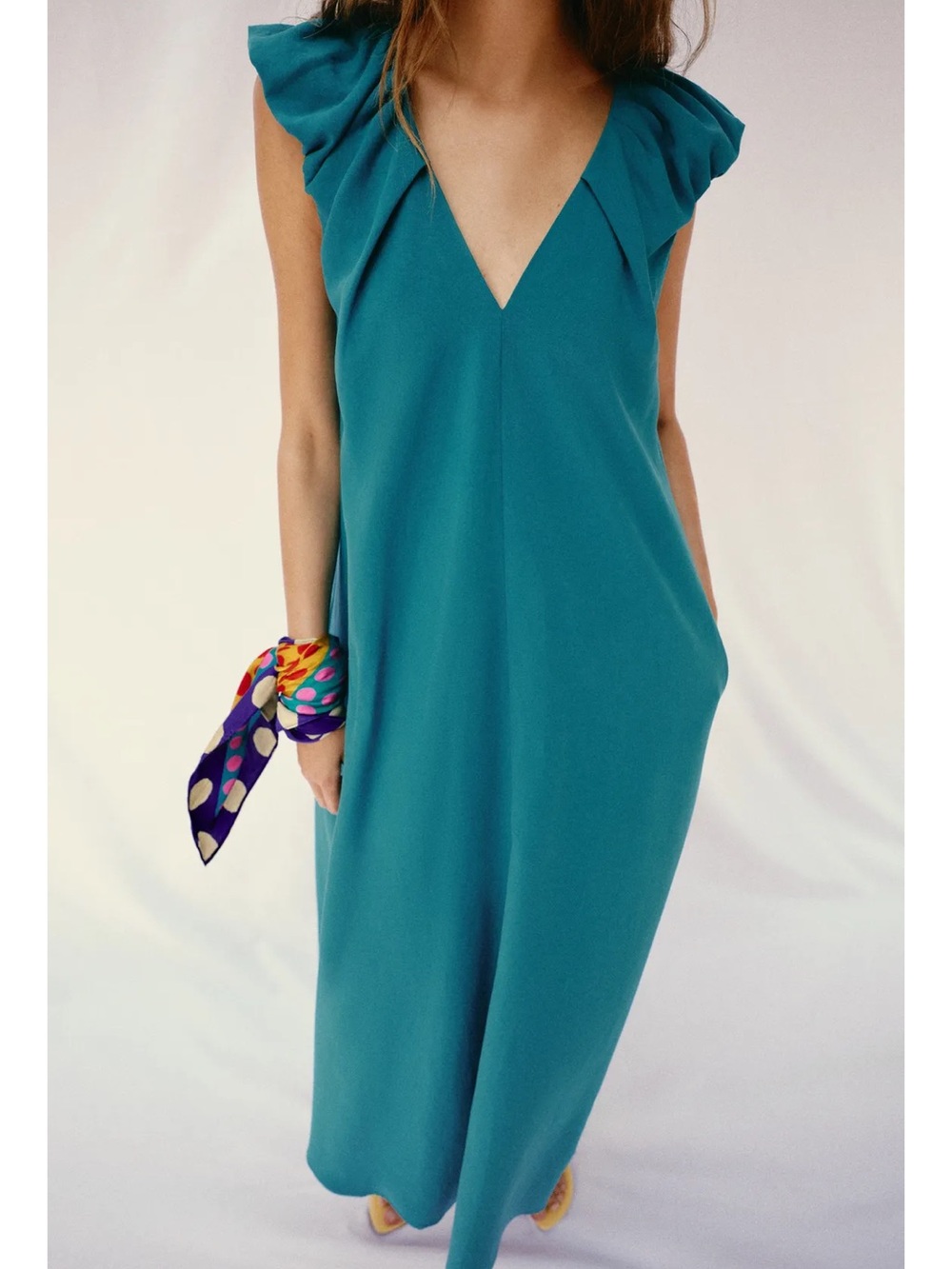 Zara NWT / Sz Small / Teal V-Neck Flutter Sleeve Maxi Dress - Picture 2 of 11